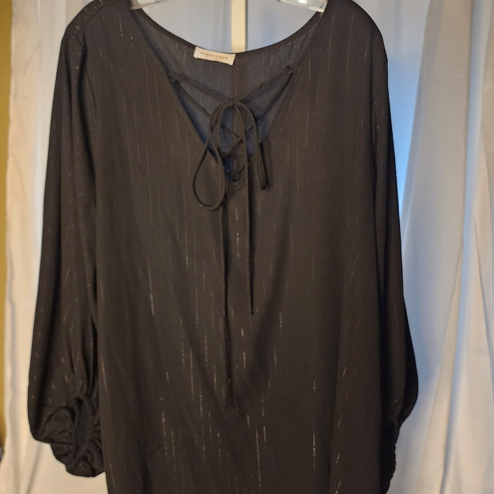 First Love Black Blouse with Silver Pin Striping and Tie Neck